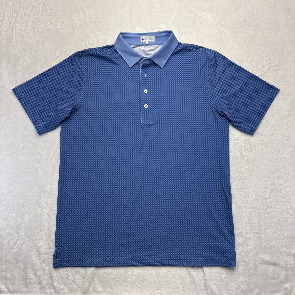 Herman Dunn Performance Polo Men's L Blue Diamond Print Preppy Golf Style